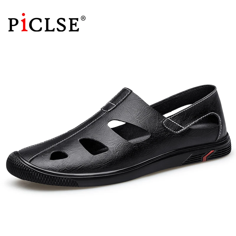 PICLSE Luxury Brand Genuine Leather Men Sandals Moccasins Men Business Dress Sandals Handmade Leather Shoes Men Sandalias