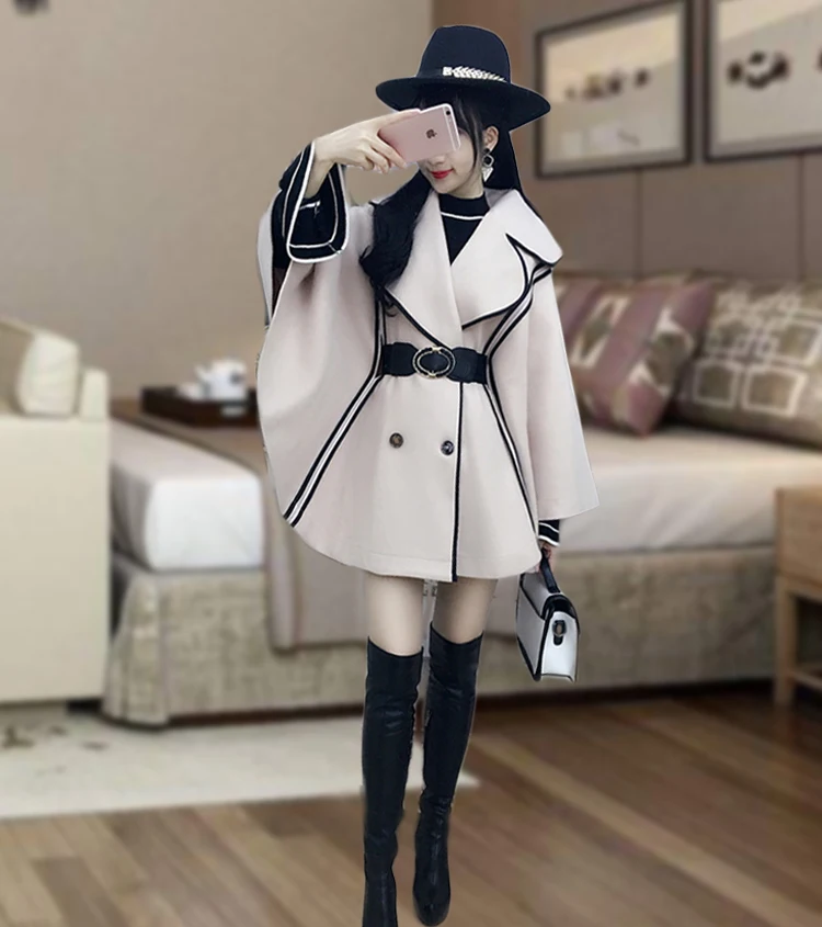 Nice High Quality Winter Woolen Cloth Shawl Outerwear With Belt Women Korean Chic Ladies Double Breasted Thick Warm Cape Coats