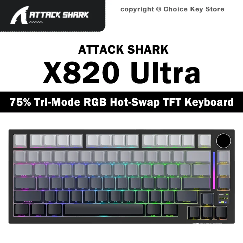 ATTACK SHARK X820 Ultra Wireless Mechanical Keyboard 75% TFT Display Knob RGB Hot Swappable Gasket Bluetooth 2.4G USB-C 4000mAh