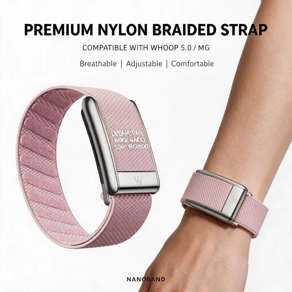 Compatible WHOOP 5.0 MG Mist Pink Letter Print Stretch Nylon Sport Replacement Strap Soft Elastic Wristband Fitness Band