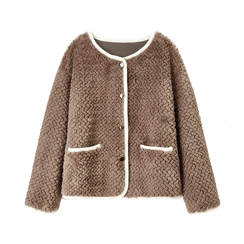 SENTUBILA 冬ふわふわフェイクファージャケット女性 2025 エレガントな暖かい粒状ベルベットの上着オフィスレディ女性コート W44P58518X