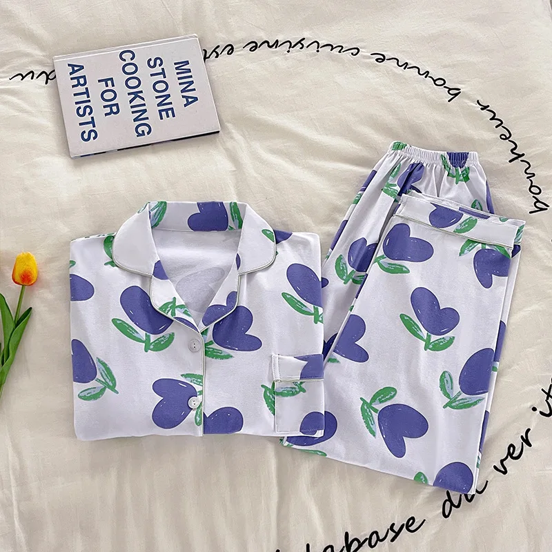 Blue Tulip Printing Spring and Autumn New Pajamas for Women, Long Sleeved, Sweet Stylish Spring Autumn Cardigan Youth Girl\'s Pjs