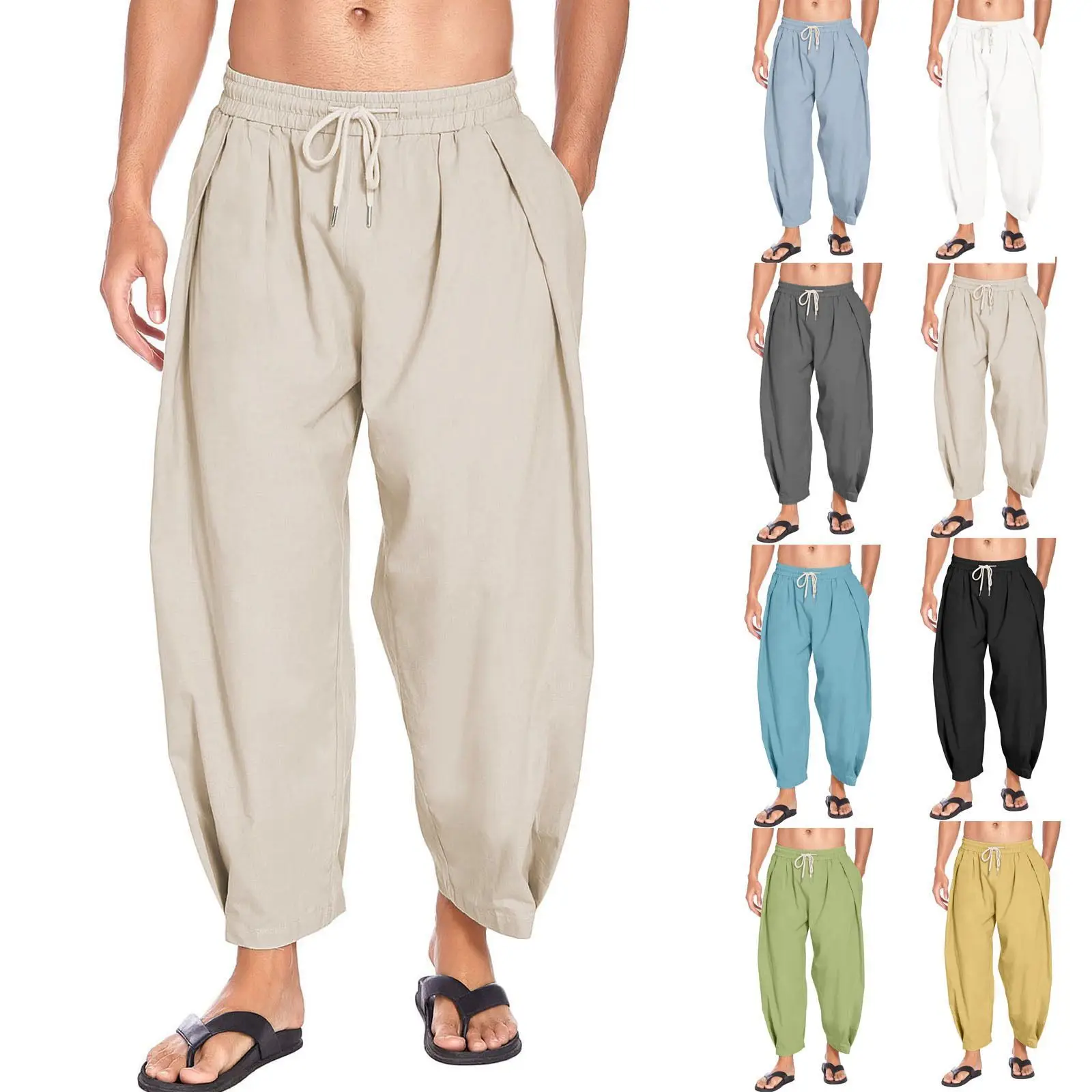 

New Arrival Men's Cotton Hemp Harlan Pants Drawstring Casual Capris Lightweight Loose Beach Yoga Pant Belt Pocket Trousers