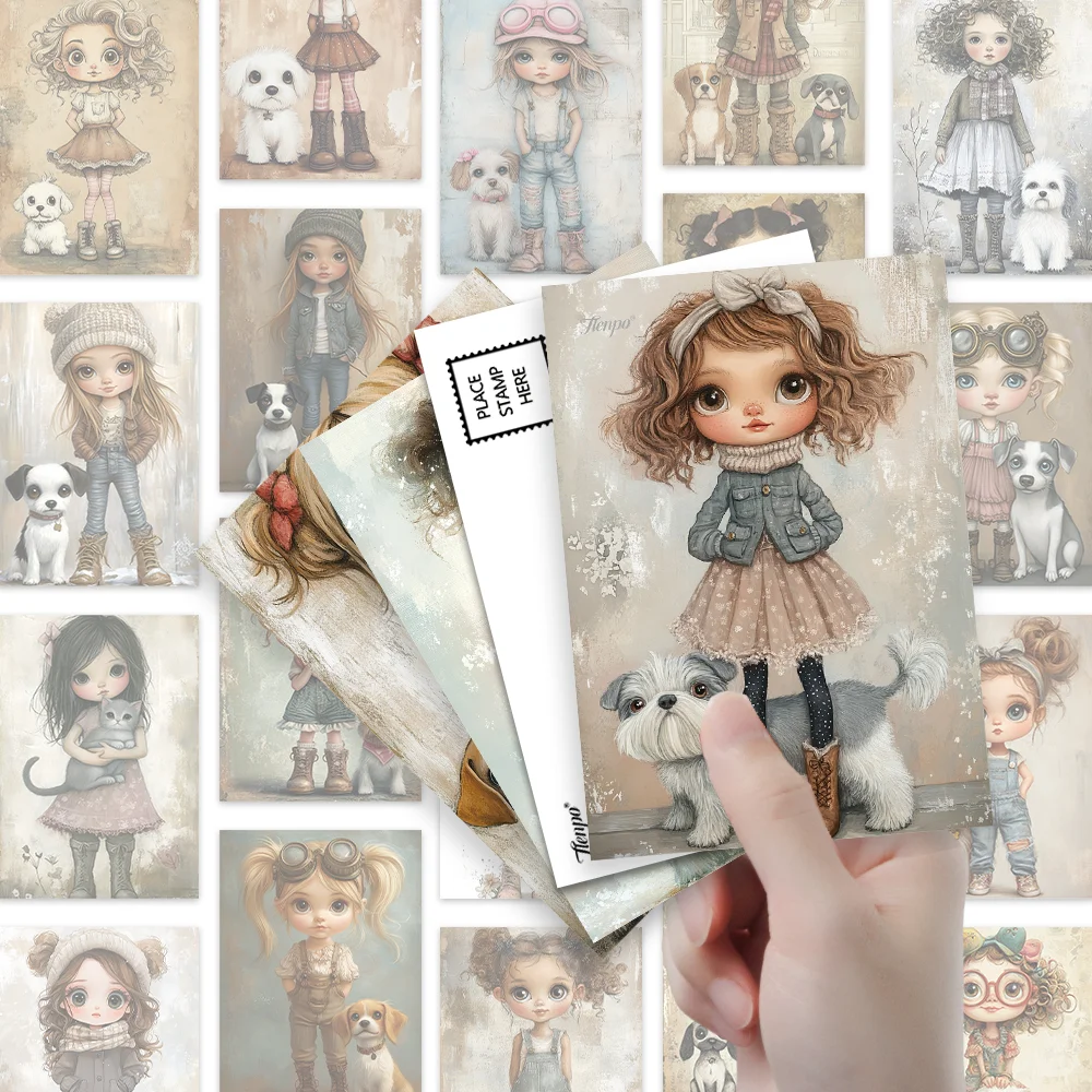 Cartes postales de poupée mignonne Vintage, poupée et chien de compagnie, Style d'illustration, papier cartonné épais, impression haute définition, Collection de cadeaux, 32 pièces