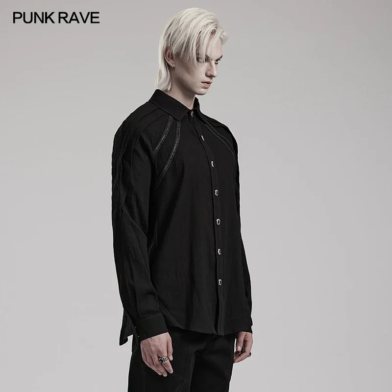 PUNK RAVE Men\'s Gothic Crinkled Shirt Exquisite Hand-sewn Buckle Pleats Shoulders Design Casual Tops Men Clothing