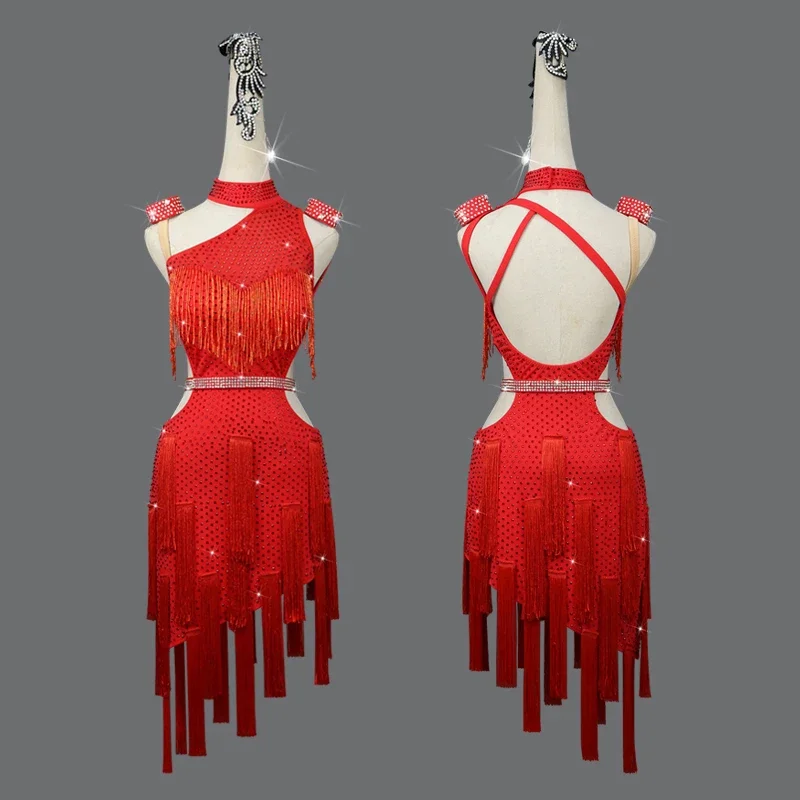 New Latin Dance Skirt Competition Skirt Performance Skirt Adult Custom Fluorescent Red Tassel Sexy Dance Dress Women