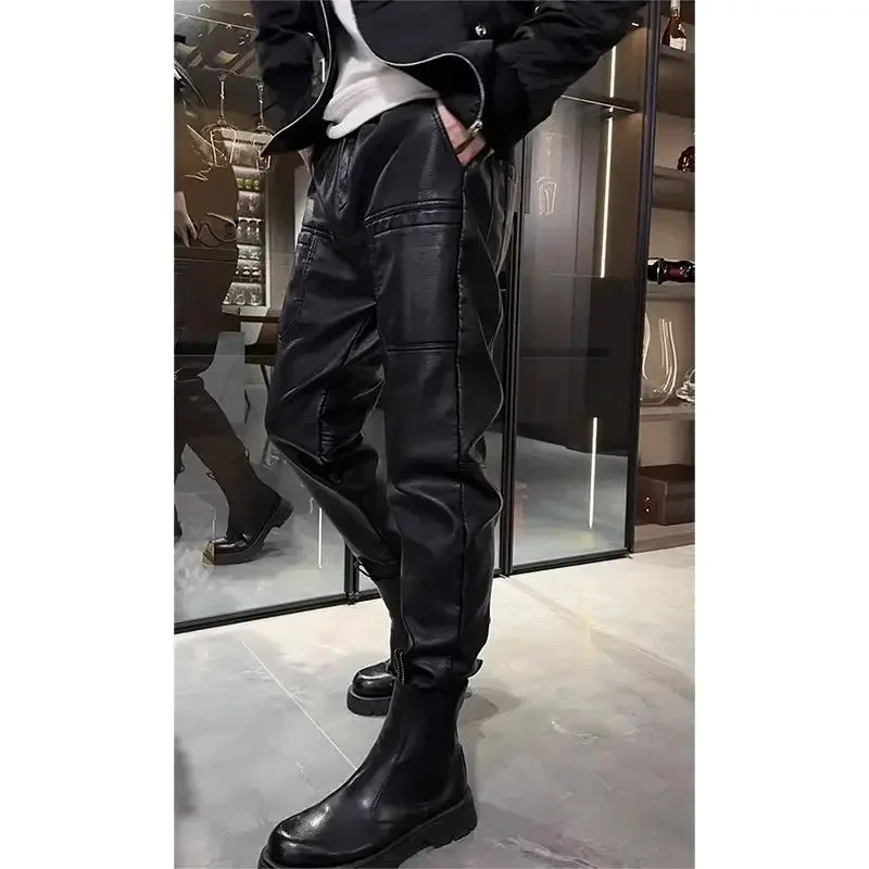 Leather Pants Men's  Winter High-end Trend Fleece Thickened Casual Pants Six Pocket Biker Rider Small Foot Pants