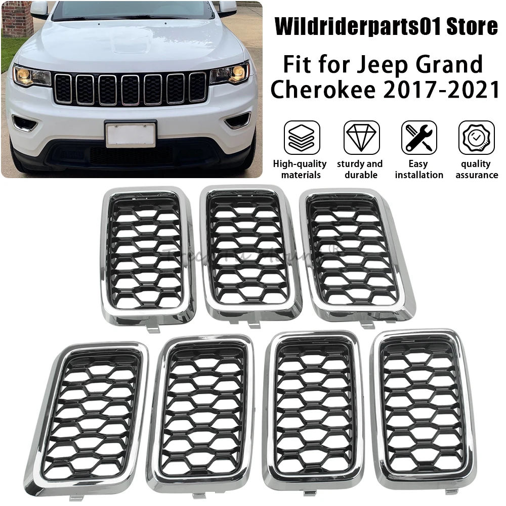 

For Jeep Grand Cherokee 2017-21 #68317863AA 7Pcs Car Front Grille Honeycomb Mesh Insert Cover Trim Vivid Black/Chrome Black ABS
