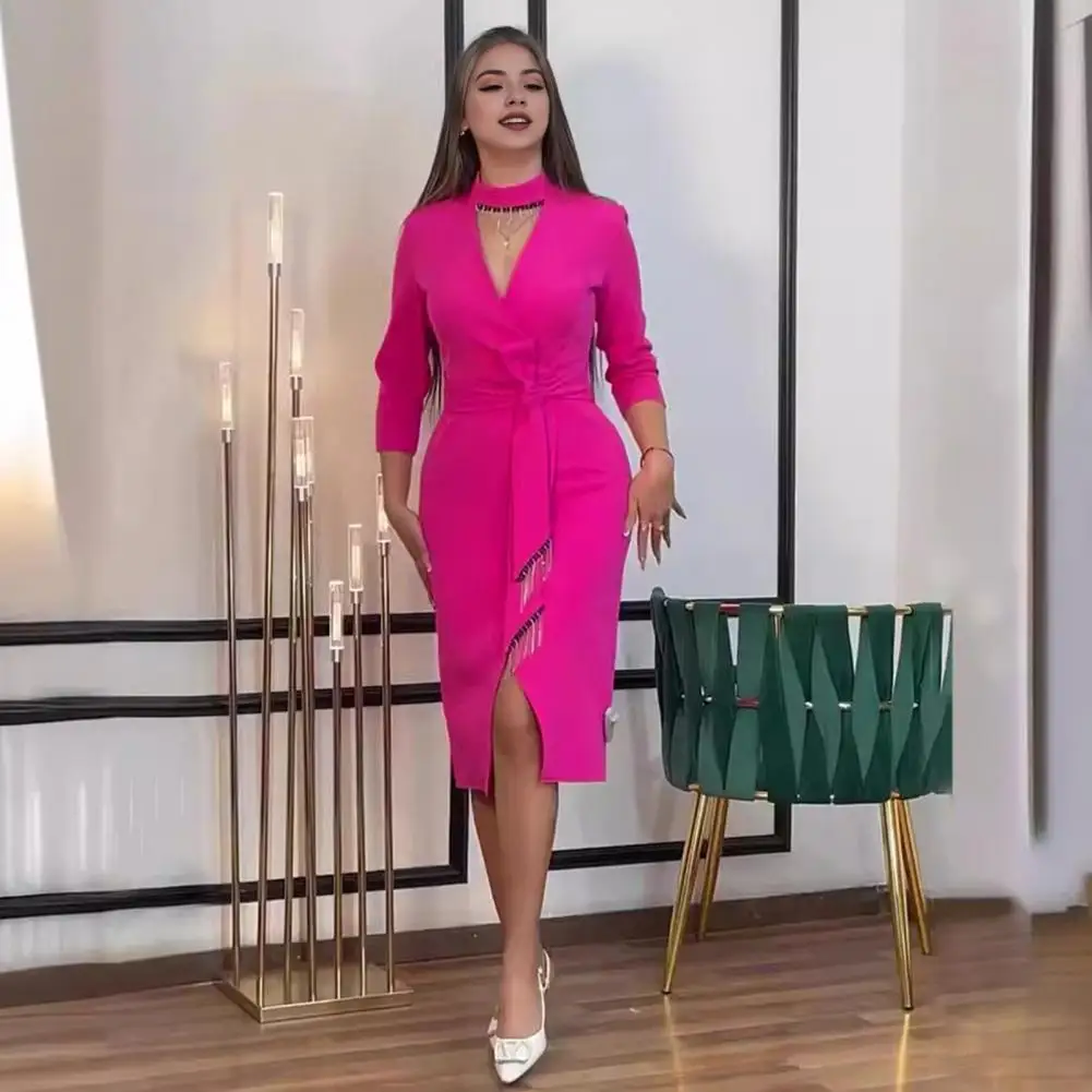 

New Women Round Neck Hollow Out Three Quarter Sleeve Slim Fit Split Irregular Hem Solid Color Belted Tight Waist Commute Dress