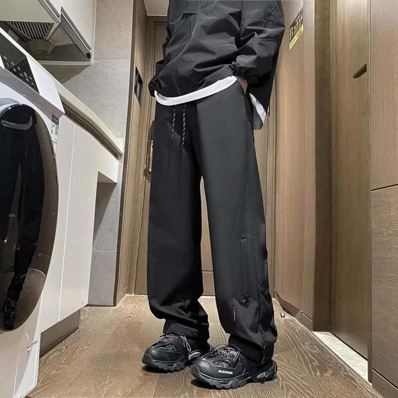 Cargo Pants Men Zipper Oversize Drawstring Casual Water Proof Sweatpants Loose Fit Joggers Solid Cargo Straight Mopping Trousers