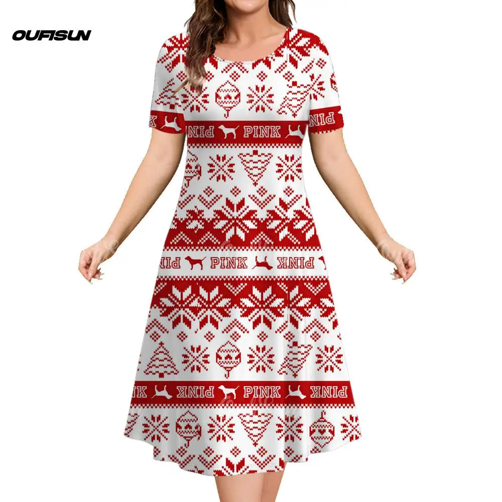 Summer Women's Elegant Dress Christmas Party Fashions Striped Printed Clothing Red And White Round Neck Short Sleeved Dress New