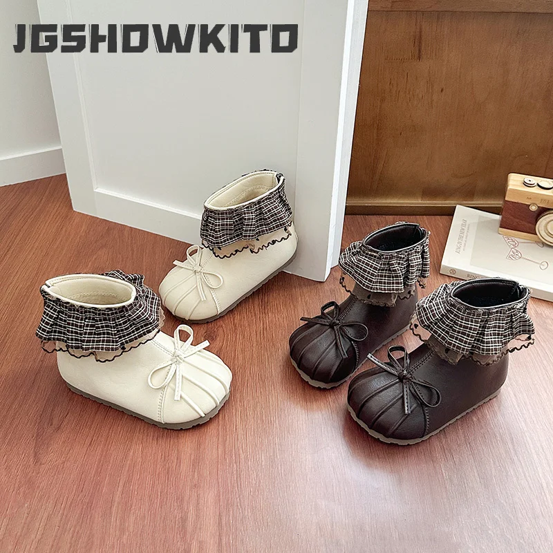 JGSHOWKITO Girl's Ankle Boot Sweet Ruffled Edge Princess Winter Boots for Children Warm Outdoor Flurry Non-slip Kids Plush Boots