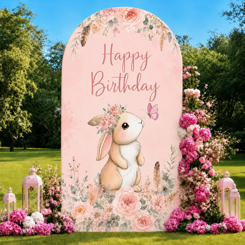 

Pink Bunny Happy Birthday Arch Backdrop Cover, Watercolor Floral Rabbit Elastic Fabric Cover for Girl Birthday Party Decoration