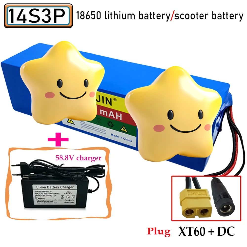 14S3P Lithium Battery Pack 18650 52V 10500mah 1500W electric bicycle battery Built in  BMS， XT60 and DC plug