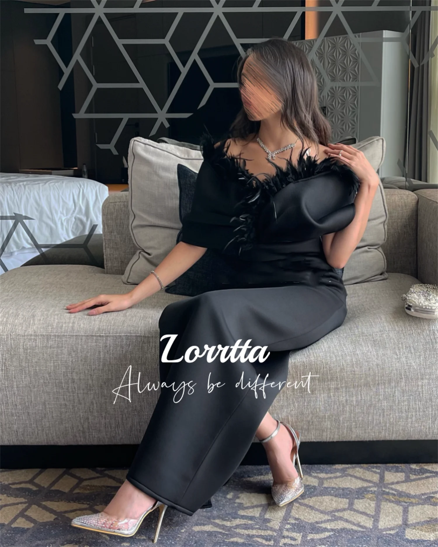 

Lorrtta Straight Skirt Saudi Arabia Feather Graduation Ceremony Dress Satin Black Dresses for Prom Elegant Woman Party Long Gala