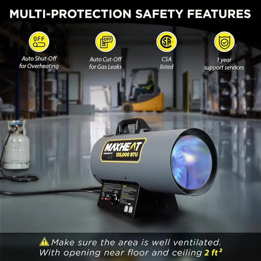سخان هواء قسري محمول من البروبان MH125 مزود بقدرة 12000 وحدة حرارية بريطانية، وتحكم تلقائي في درجة الحرارة 25-95 فهرنهايت، مثالي للمرآب وورش العمل، Inc #4