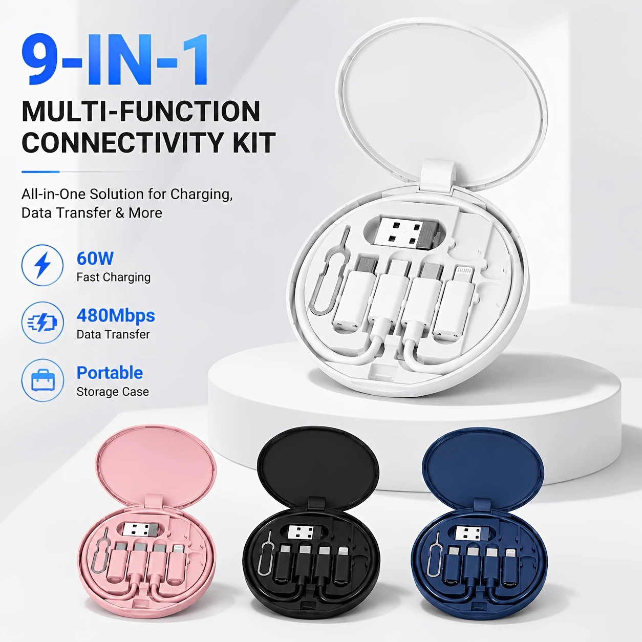 Suitable for Huawei/Apple: 1-to-5 Fast-Charging Cable Organiser – Round, Portable, Multifunctional Charging Cable Set