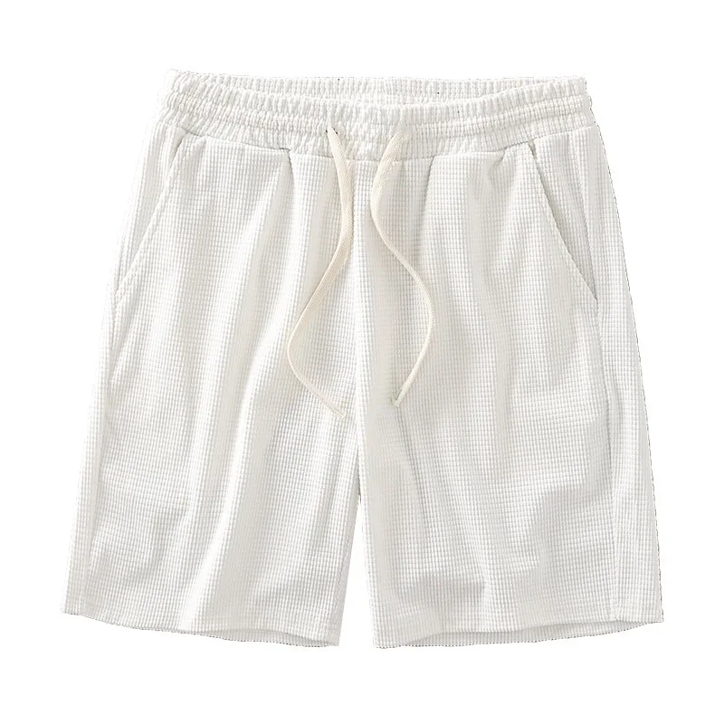 Männer Shorts Einfarbig Mittlere Taille Sommer Bewegung Waffel Textur Tiefem Schritt Kordelzug Männliche Shorts Lose Knie Länge Casual Kurze – Detail 7
