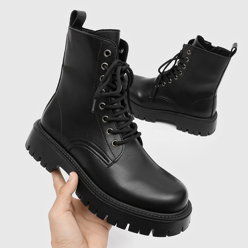 

New Autumn Winter Thick Soled High Top Boots Round Toe Height Increasing Wear-resistant Simple Comfortable Motorcycle Boots