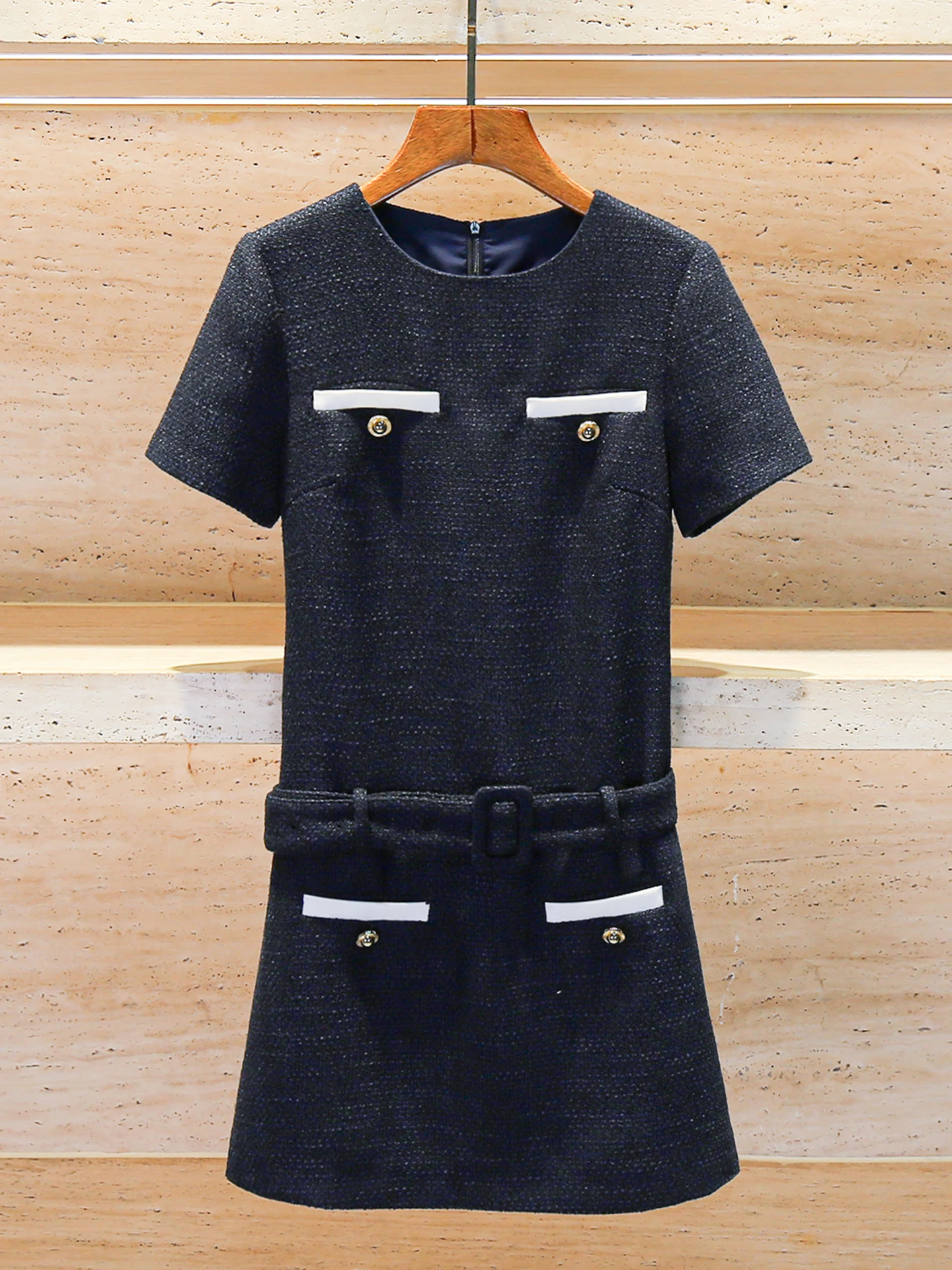 Vestido midi f de verão de alta qualidade, saia midi de tweed com cinto, vestido curto em linha A, tecido de poliéster...