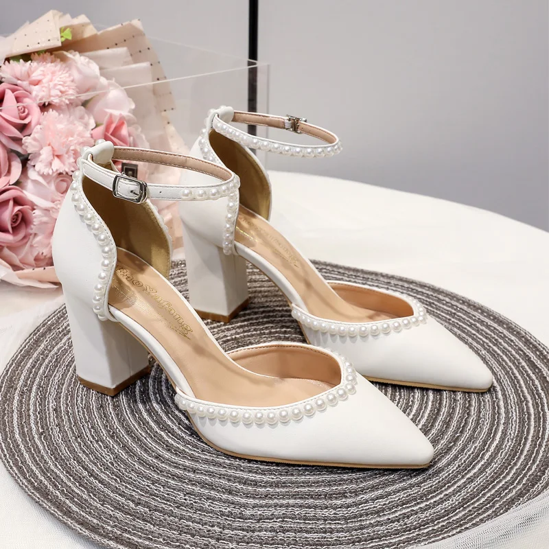 BaoYaFang Bridal wedding shoes Women Thin Heel Pointed Toe Pearl Female Ladies Party Shoe Ankle Strap Buckle Autumn Ladies Shoe