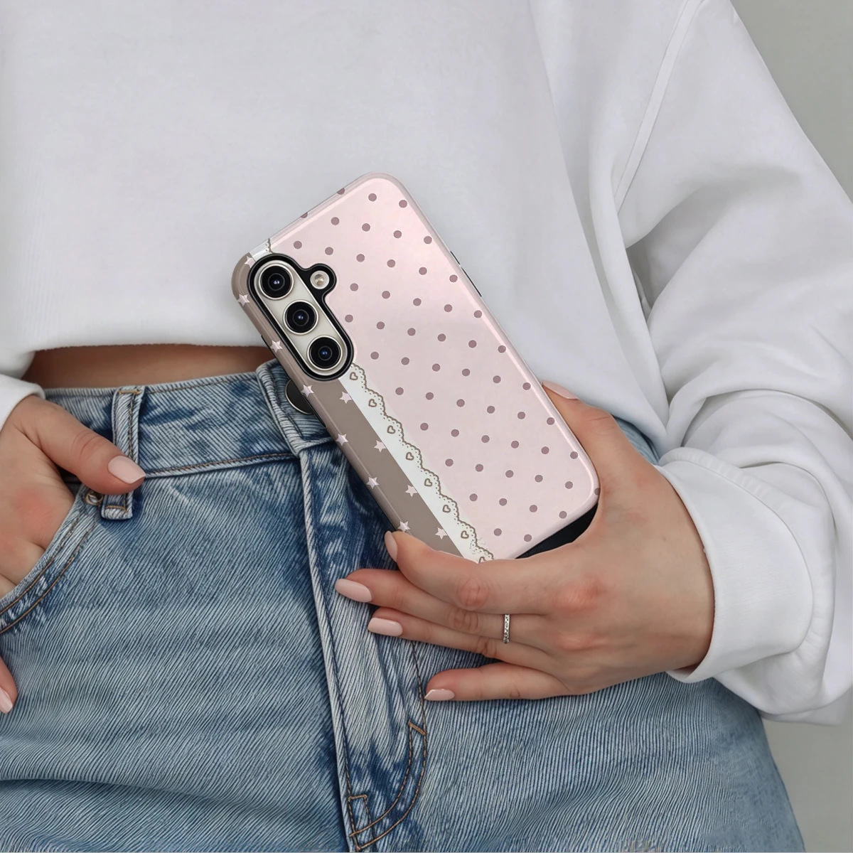Pink Stars Lace Dots Phone Case For Samsung Galaxy S26 S25 Ultra S24 S23 Plus Hard Shock‑Absorption 2-in-1Protective Cover