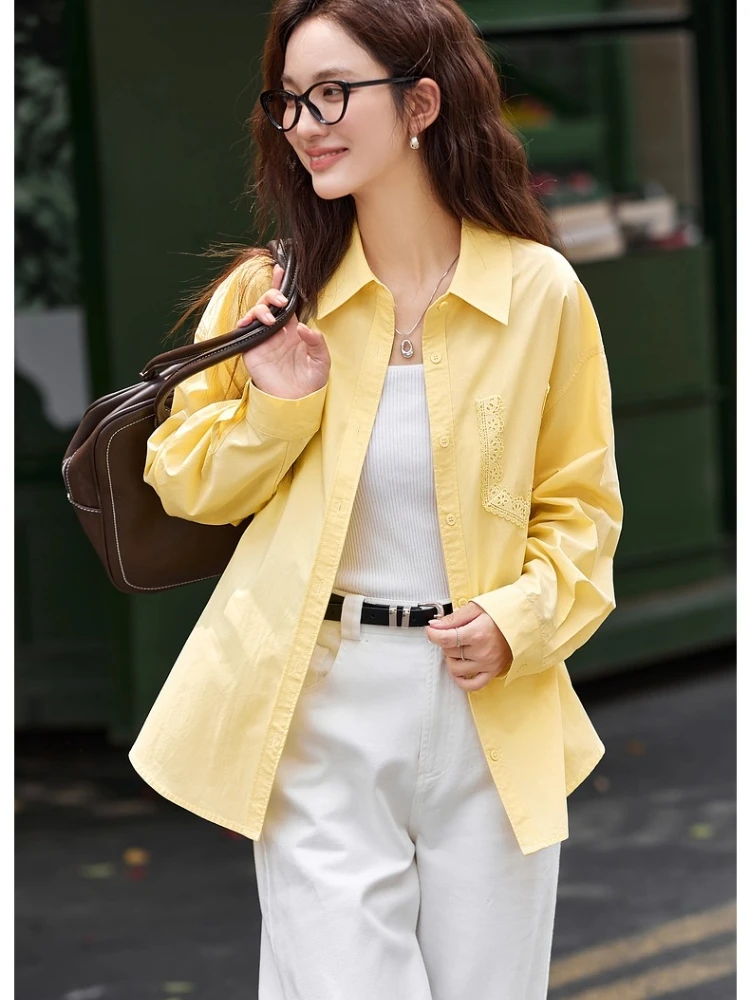 

VIMLY Yellow Shirt Women Lace French Polo Neck Loose Autumn 2025 Female Shirts and Blouse Elegant Long Sleeve Ladies Shirt 30291