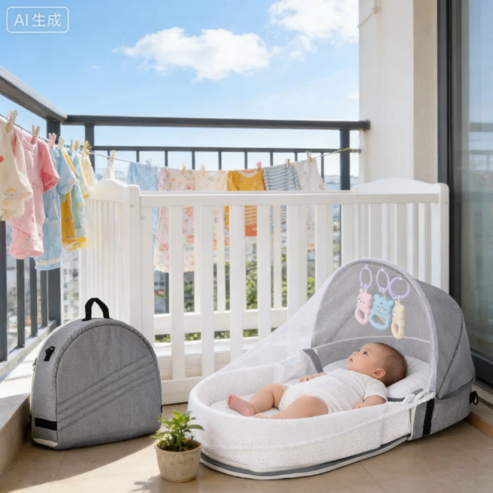 متوفر في المخزون سرير سفر للأطفال مع شبكة خيمة أطفال قابلة للطي وقابلة للغسل وسرير سفر بيونيك ومهد قابل للتنفس