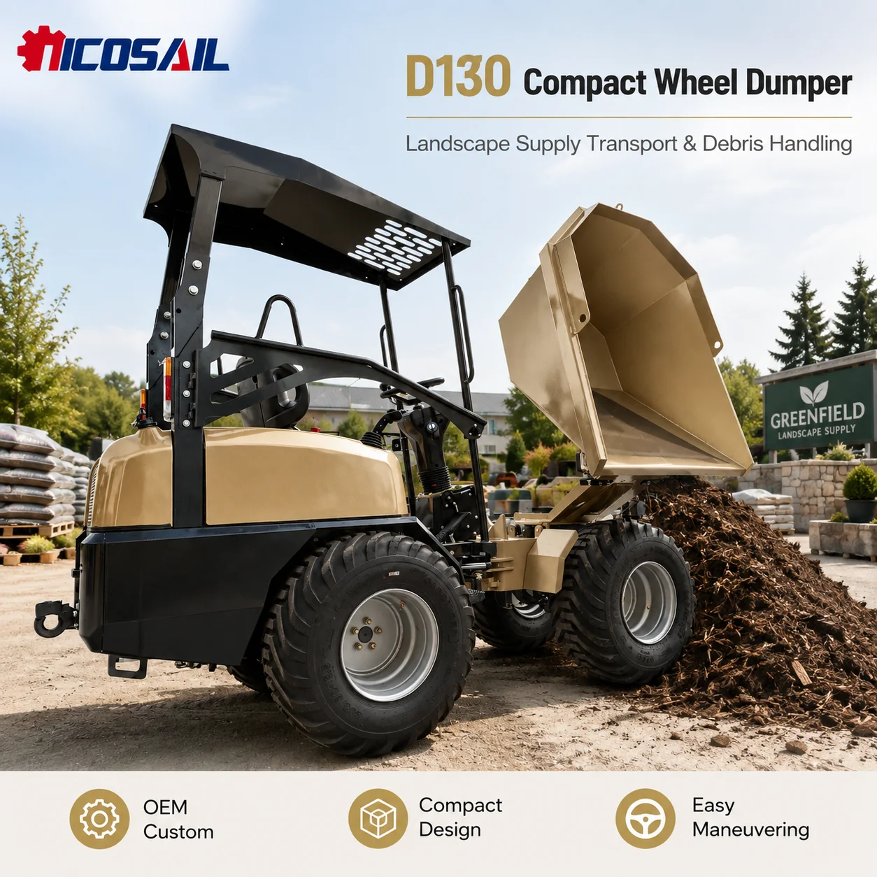 OEM Custom Nicosail D130 Compact Wheel Dumper for Landscape Supply Transport and Debris Handling