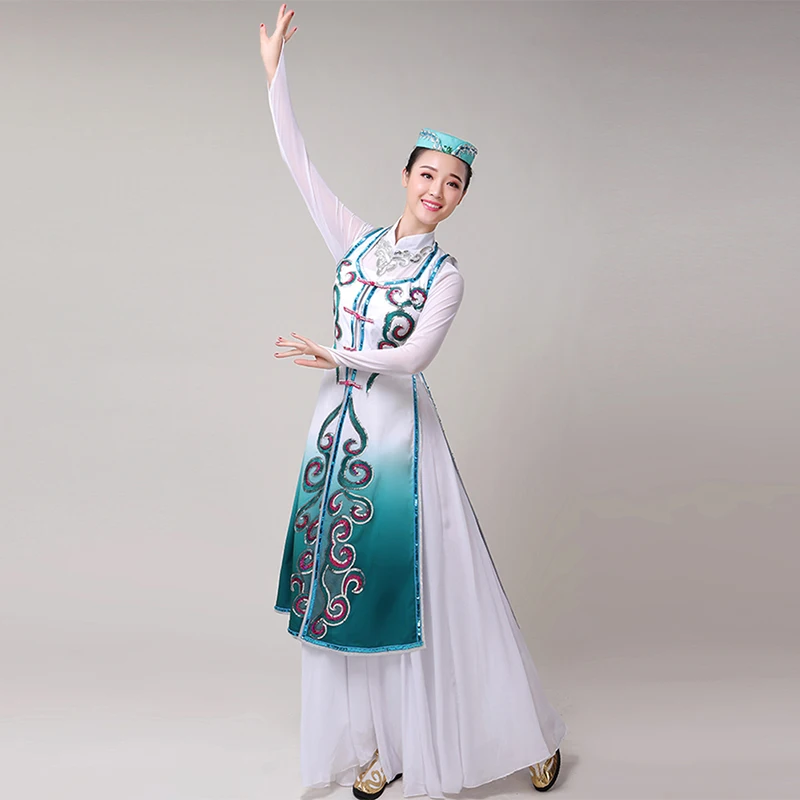 Woman Chinese National Dance Dress Mongolian Dance Costume Lady Vintage Tibetan Stage Performance Clothing Hmong Minority Dress