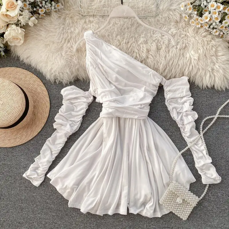 

Dress Folds Long Sleeve Party A-Line Dress Women Sexy Slim Waist And Slimming Korean Vintage 2024 New Fashion Women Dress