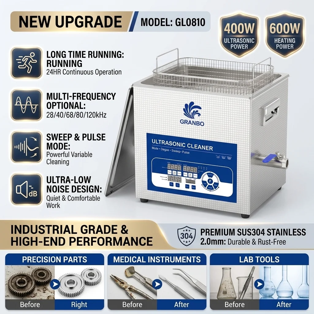 Granbo 10L Ultrasonic Cleaner 400W High Performance Multi-Frequency 40-120kHz for Medical Chemical Lab Applications