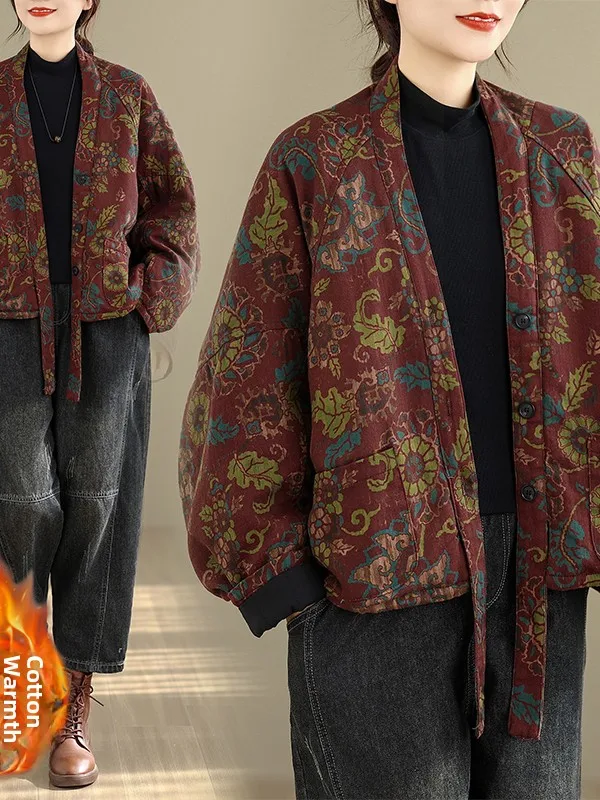 Marque coréenne Batwing Sve boutonné coton Jaet femmes hiver Vintage imprimé artistique conception décontracté coupe ample vêtements d'extérieur