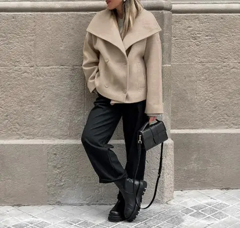 

Зимняя свободная повседневная куртка с шерстяным воротником для женской повседневной моды, с большим дизайном воротника и тонкой прямой курткой-трубой