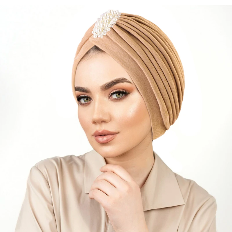 New Beaded Decor Turban Hat for Women Elegant Solid Color Pleated Head Wrap Muslim Inner Hijab Cancer Chemo Cap Islamic Turbante