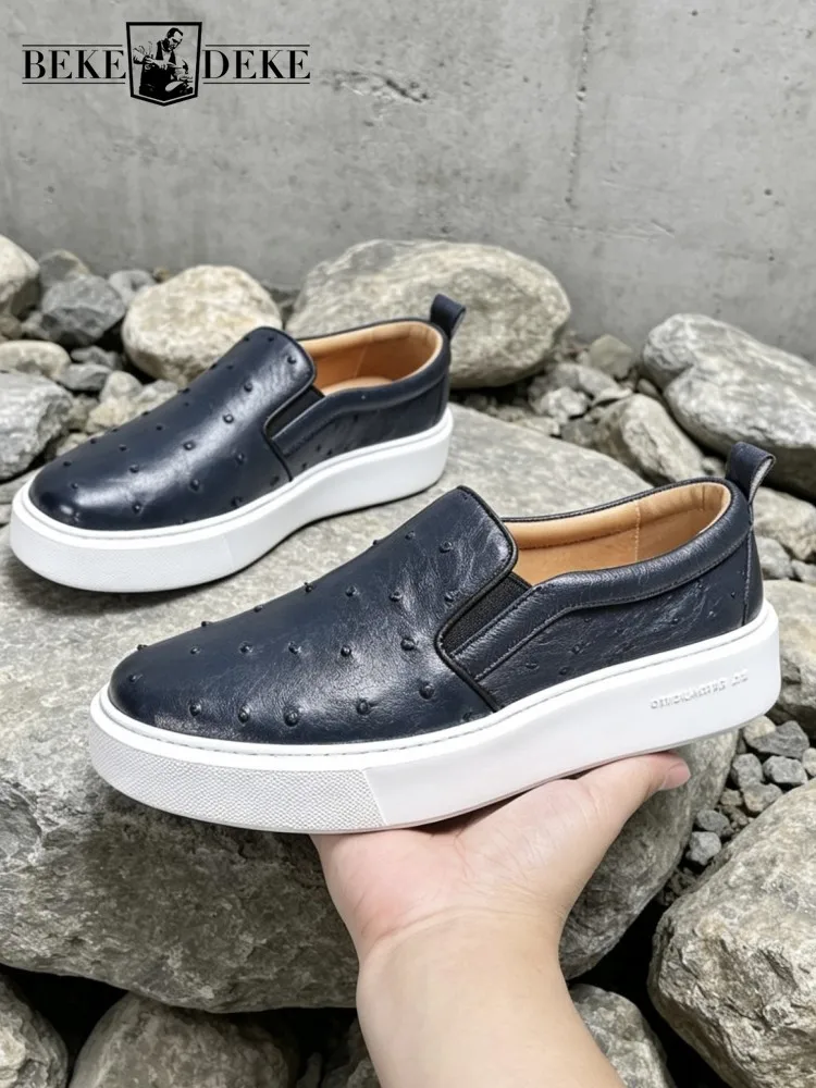 High Quality Mens Ostrich Real Leather Shoes Thick Platform Low Cut Genuine Leather Business Work Driving Shoes Slip On Loafers
