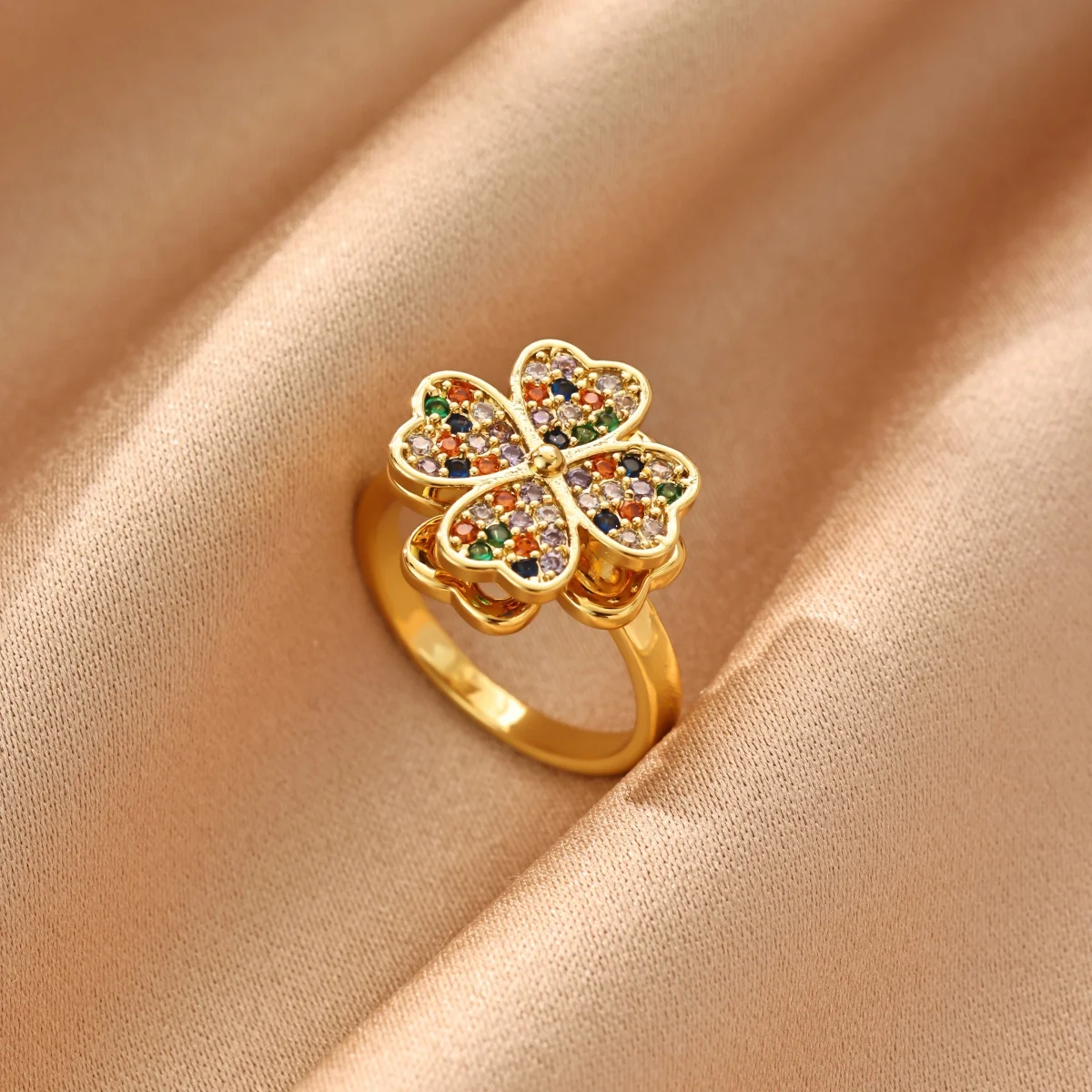 Bunter Zirkon-Herz-Kleeblatt-Offener Ring für Damen, Vergoldeter Kupfer-Ring mit Drehfunktion, Trendiger Ästhetischer Schmuck, Geschenk – Detail 6