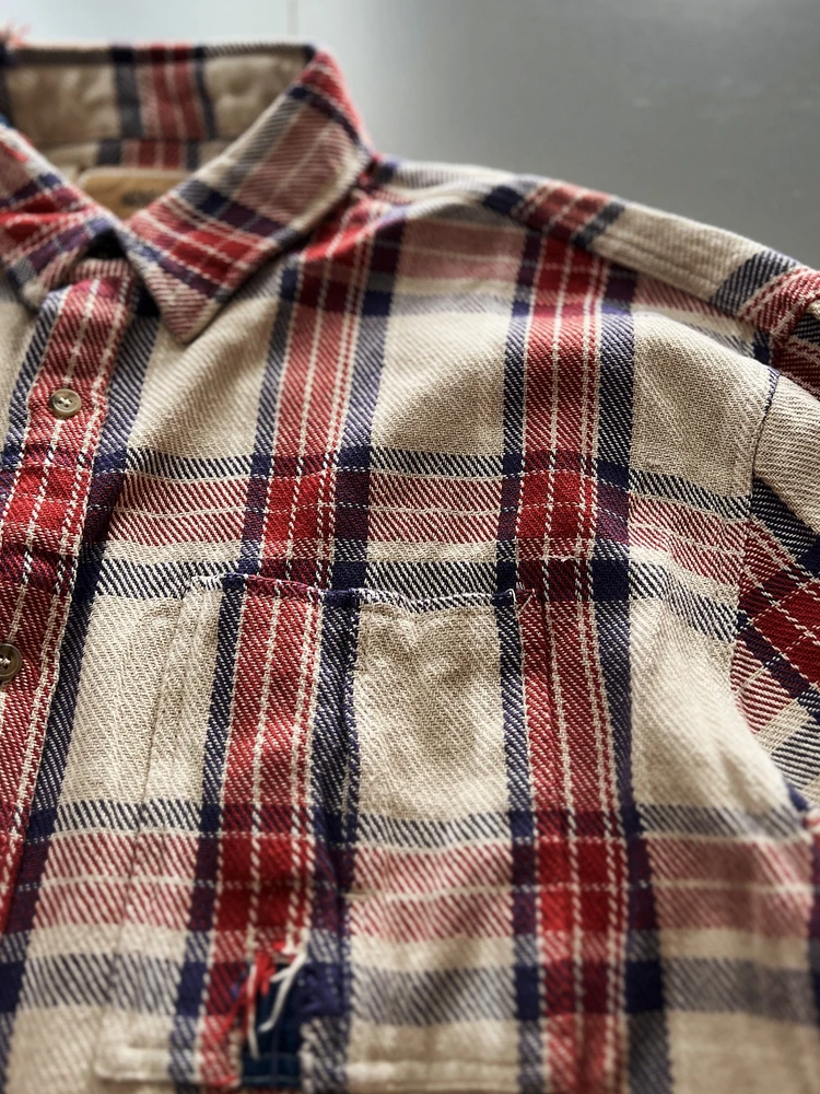 

Wan Zhi Lu u MADSS Ripped Patch Waed Japanese Sle Wide Version Heavyweight Plaid Workwear irt Trendy Cotton Long Sve