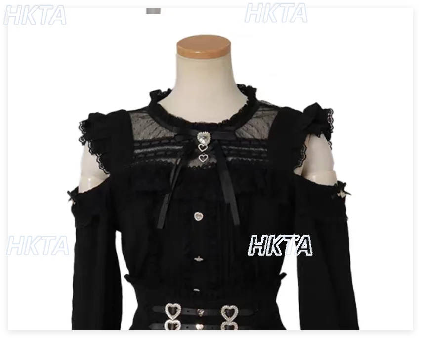 

Japanese New Lolita Shirts Women 2026 Spring New Sweet Cute Girl Lace Patchwork Off-Shoulder Long Sleeve Shirt Black Blouse Top