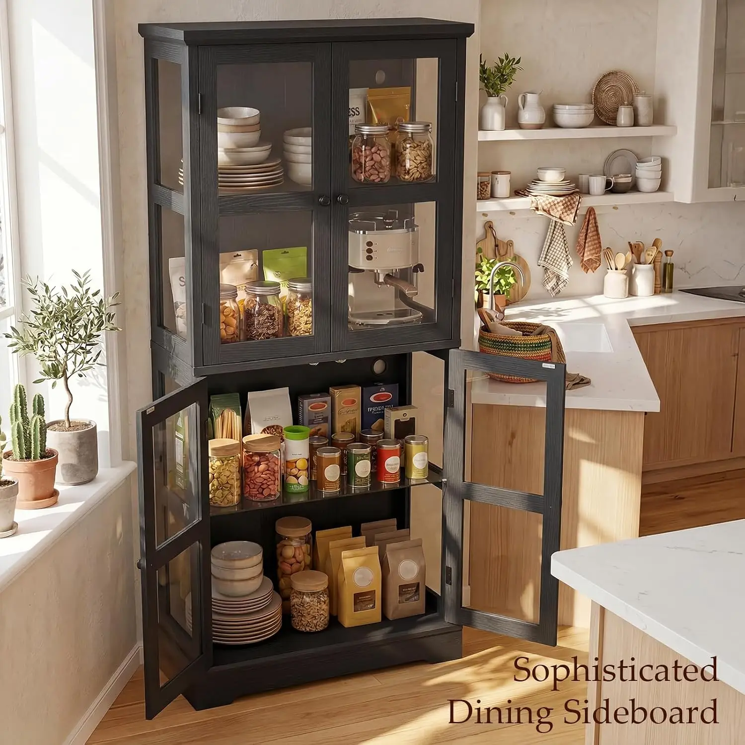 LED Bookcase Glass Doors & Storage Shelves, Display Cabinet for Books & Collectibles, Living Room Curio, 68", Customized view 5