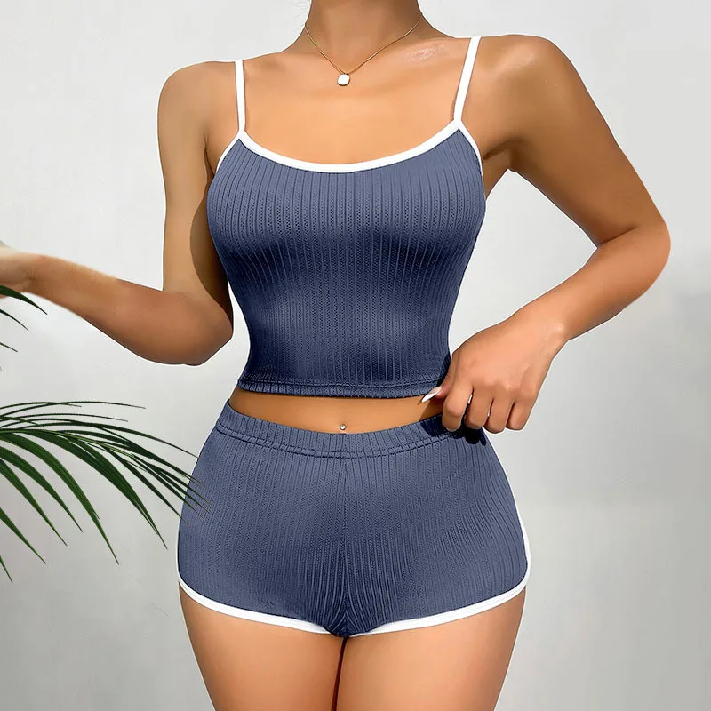 Summer Women Shorts Solid Pajamas Of Two Pieces Thin suspenders Casual Ribbed Homewear Elastic Girls Slim Fit Home Clothing