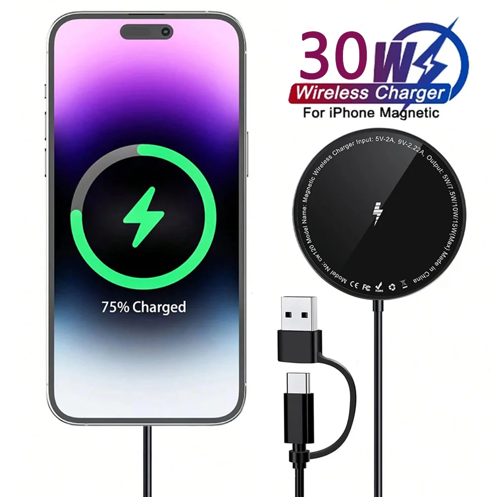 Magnetic Wireless Charger for iPhone 16 15 14 13 12 Series/AirPods 3/2/Pro 2/Pro - with 30W Power Adapter，Wireless Charging Pad