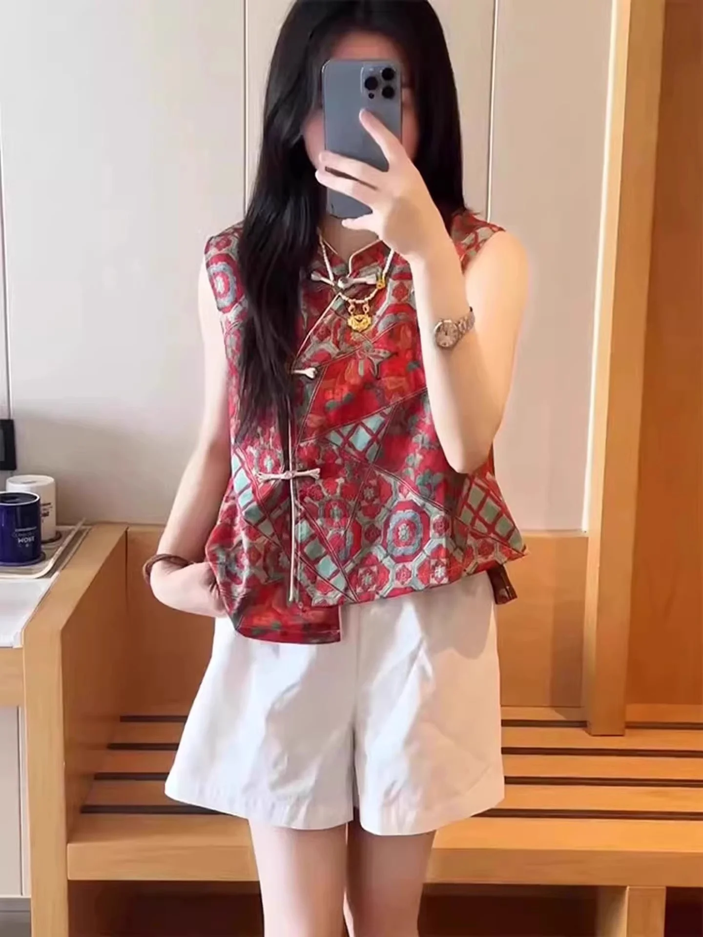 

Summer Slimming Red Vest Women's Faionable Unique Design Chinese Sle ort Top Button up Straight Cut Geometric Pattern