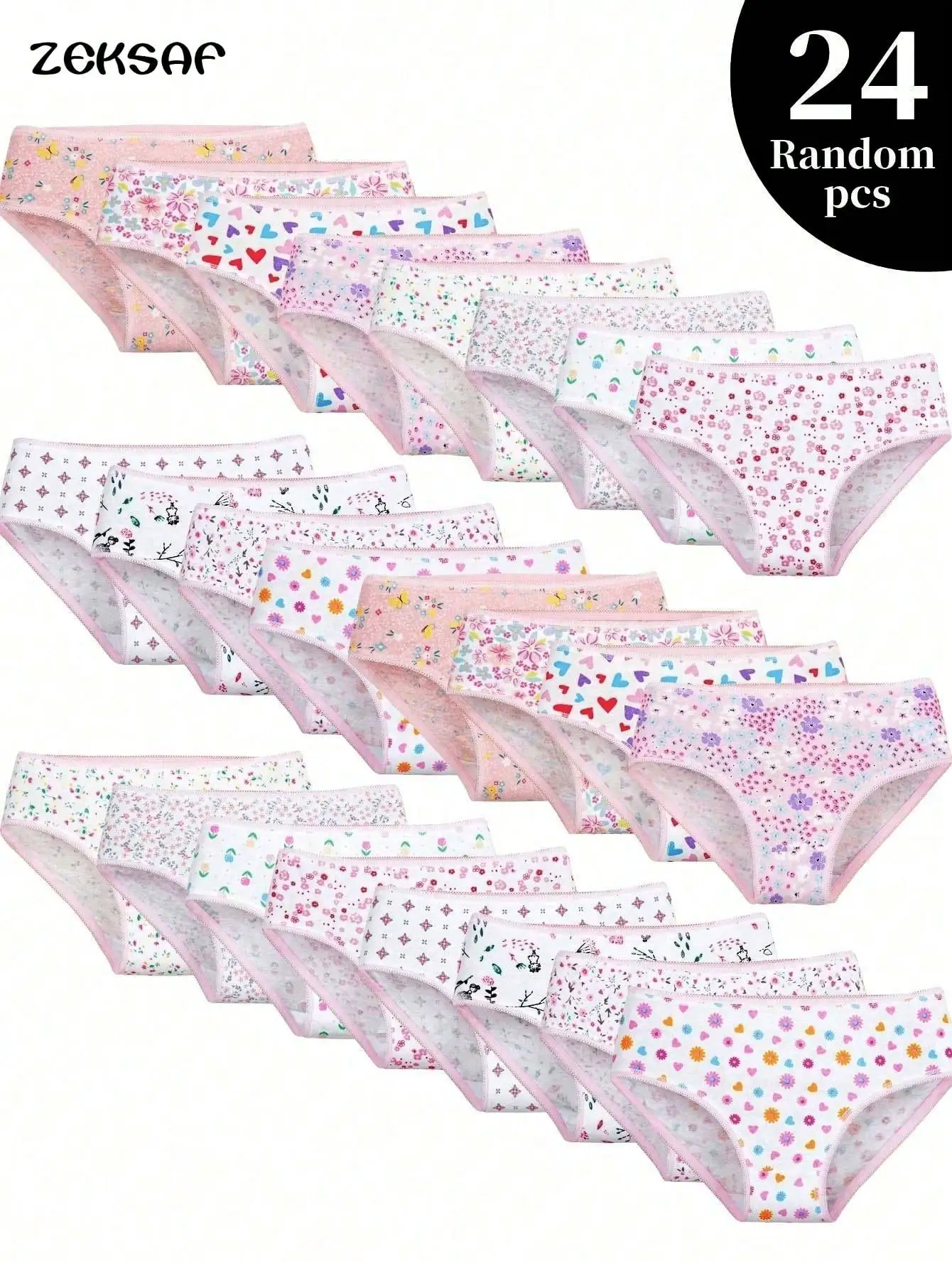 24 Pack Girls Unnderwear Cute Pink Hearts & Floral Design Cotton Underpants for Kids