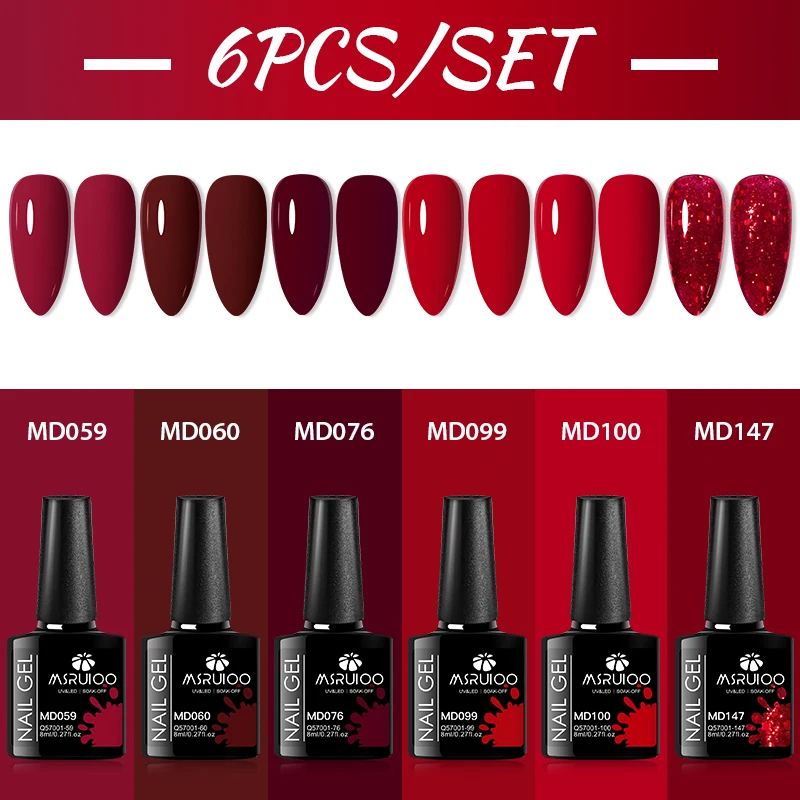 6pcs Red Gel Nail Polish Set For Christmas Nails HEMA TPO FREE Coffee Brown Semi Permanent Soak Off UV Gel Varnish Nail Supplies