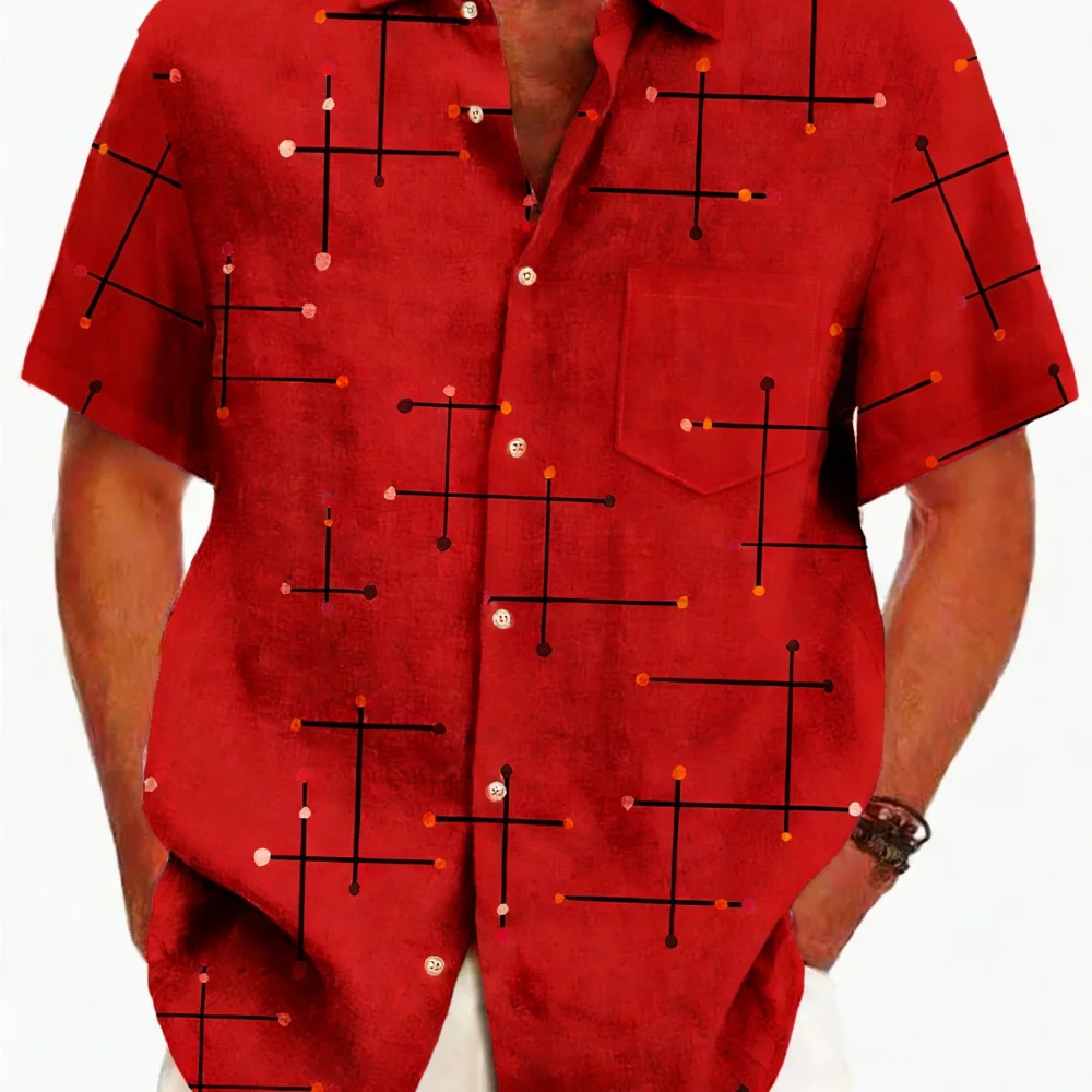

Retro Hawaiian Print Casual Shirt Classic Collared Short Sleeve Pocket Design Comfortable Soft plus Size Beach Party Top