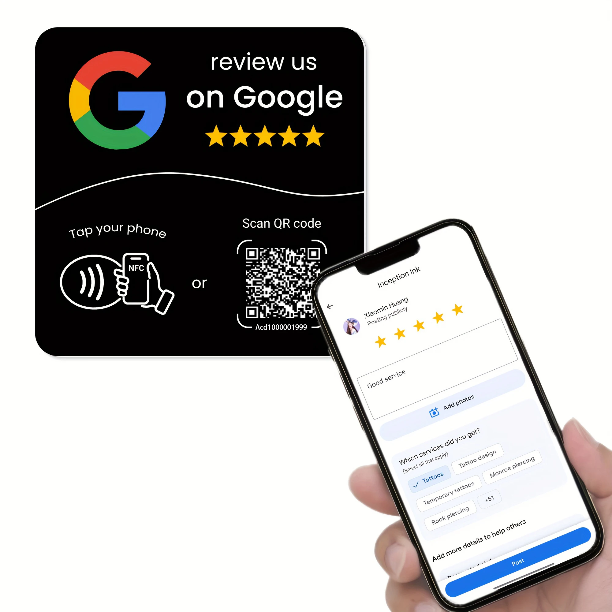 บัตร NFC แบบสี่เหลี่ยม NFC 215 พร้อม QR code ที่ตั้งโปรแกรมได้ สำหรับรีวิว Google  แท่นวาง NFC สำหรับโต๊ะ  จอแสดงผล NFC แบบโค้งงอ พร้อมขาตั้งยึดแบรนด์