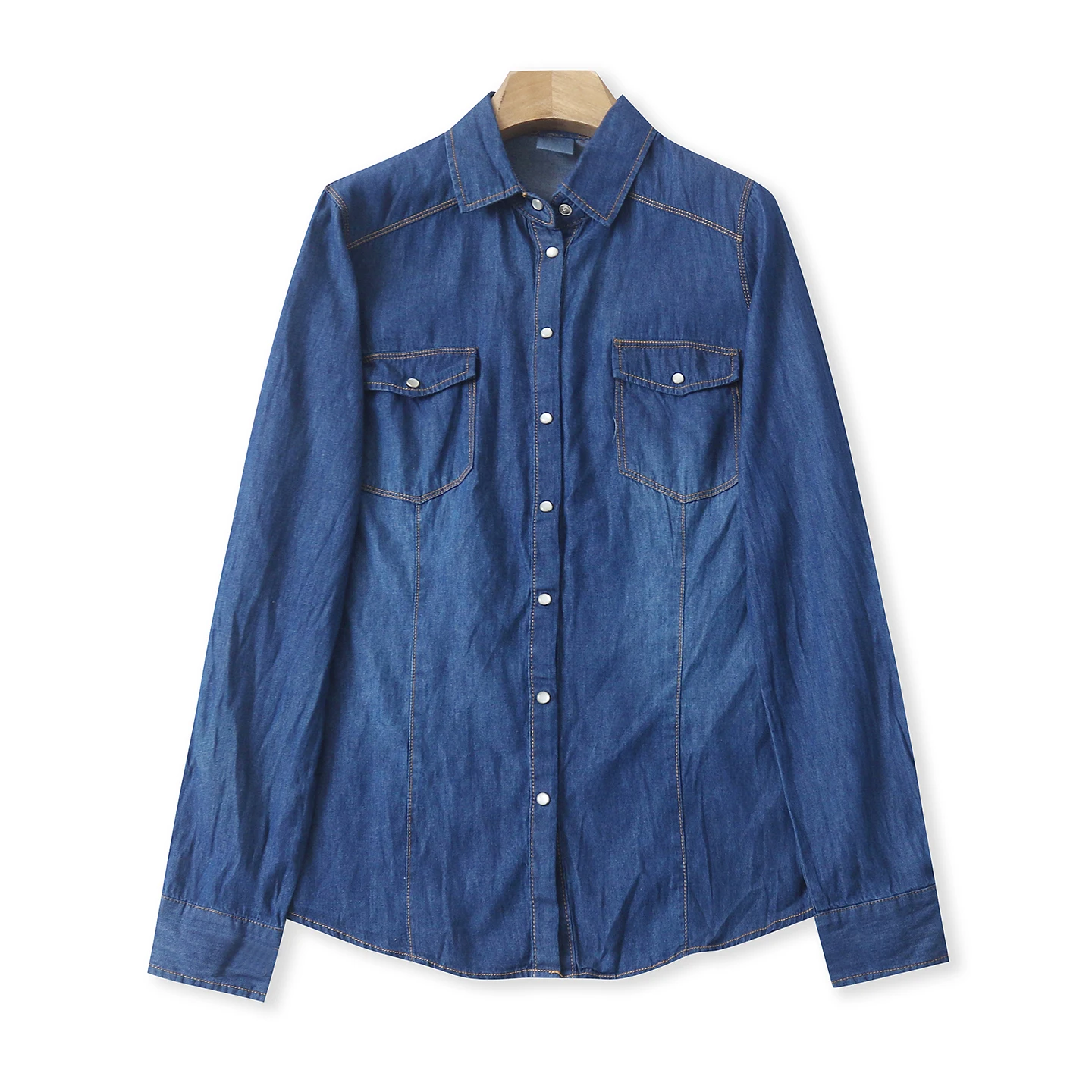 Spring Fashion Loose Casual Washed Cotton Denim Shirt Long Sleeve Turn-down Collar Single-breasted Dark Button Women's Top