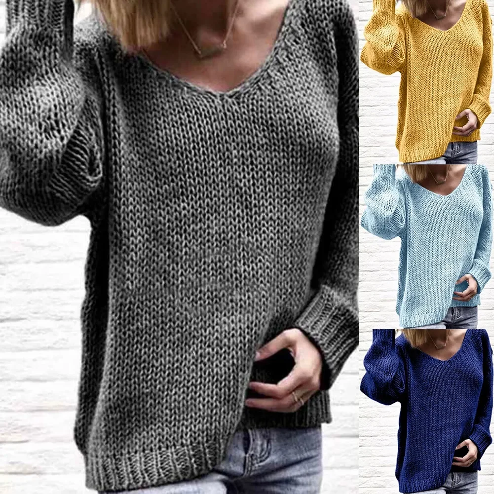 

2020 Casual Women Loose Solid Color Knitted Sweater V Neck Long Sleeve Top Women Clothing Pull Femme