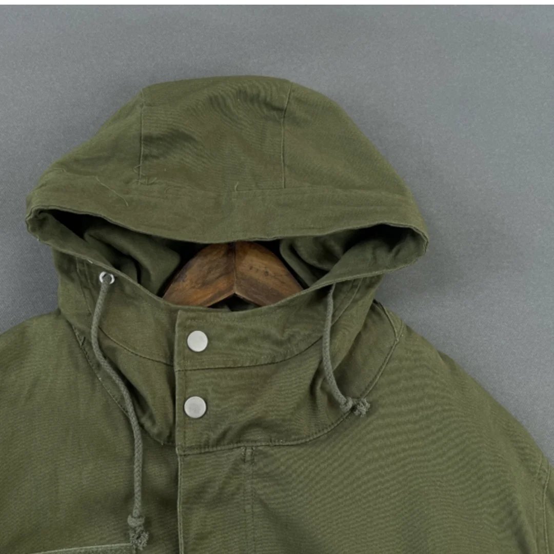 Men's Autumn Retro Cargo Style Loose Mid-Length Trench Coat  Japanese Design Cotton Hooded with Drawstring Waist